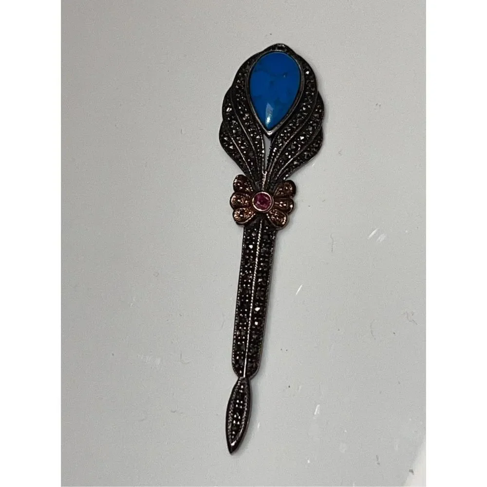 Antique Art Deco Marcasite Turquoise Pink Sapphire C-Clasp Pin Brooch
